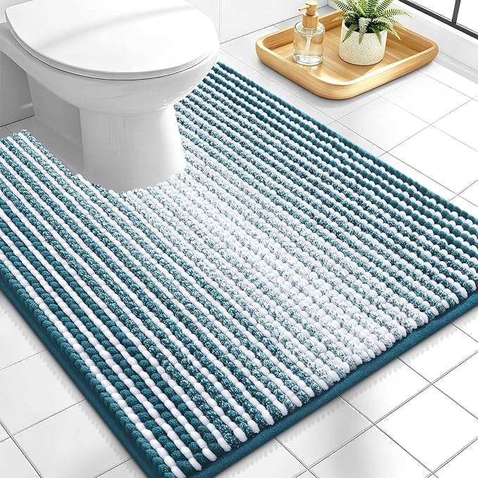 OLANLY Toilet Rugs U-Shaped 24x20, Chenille Contour Bath Mat, Peacock Blue | Extra Soft Absorbent, Striped Bathroom Rugs for Toilet, Dry Quickly, Machine Washable, Non-Slip