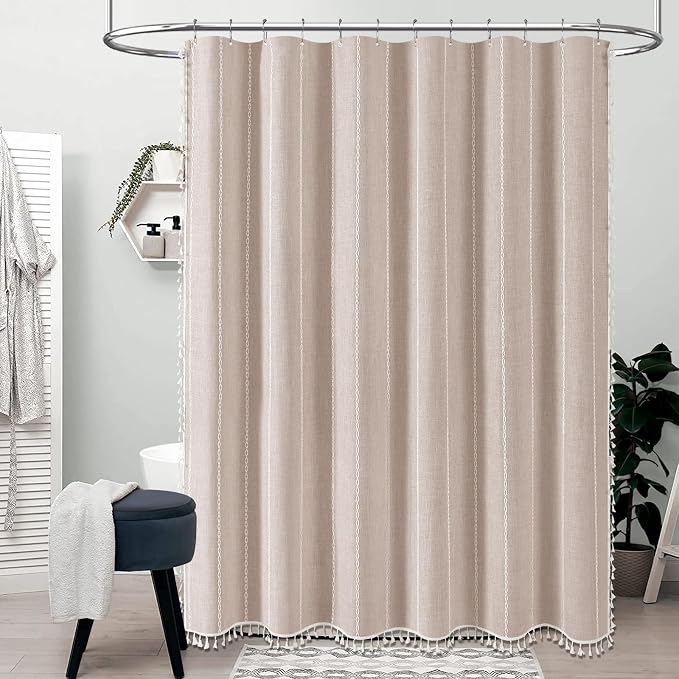 72x84 Long Boho Farmhouse Linen Heavy Duty Shower Curtain, Tan/Taupe | Tall Size, 330GSM Linen Blend, Water Repellent, Vintage Striped Fabric, 12 Plastic Hooks, Rustic Country, Machine Washable