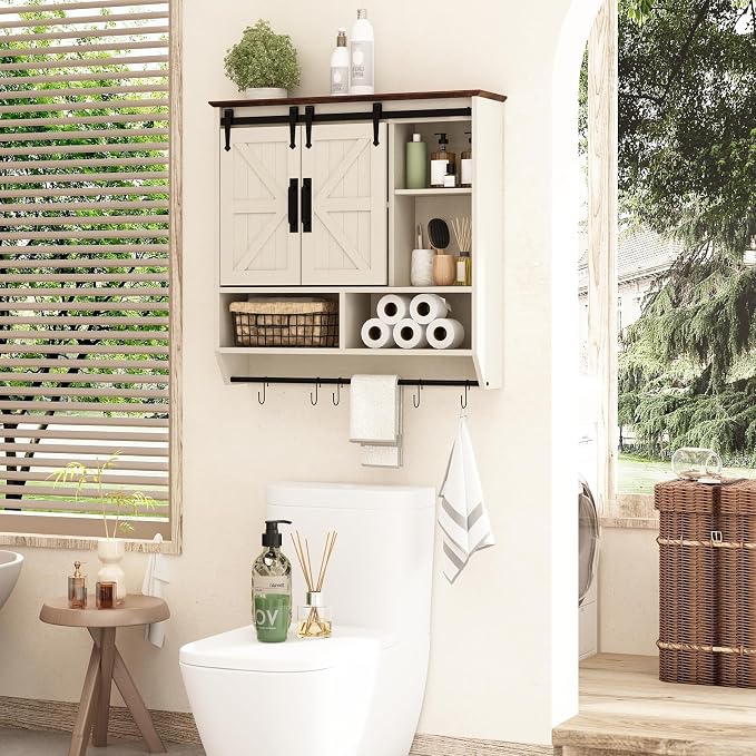 RUSTOWN Farmhouse Bathroom Wall Storage Cabinet with Sliding Barn Doors | 3-Tier, Rustic Wood Wall Mounted Cabinets, Vintage Medicine Cabinet, Adjustable Shelves, Over The Toilet Storage Cabinet