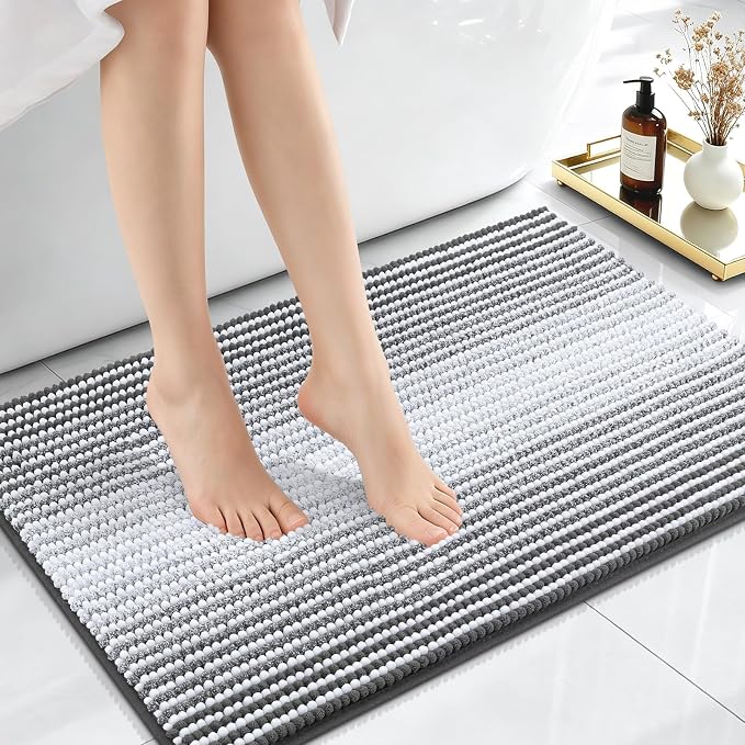 OLANLY Small Bathroom Rugs 24x16, Soft Chenille Striped Bath Rugs, Grey | Extra Absorbent, Rubber Backing, Machine Wash Dry, Bath Mats for Bathroom Floor, Tub and Shower, Home Decor Accessories