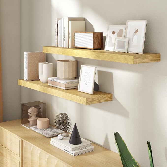 40 Inch Floating shelves for Wall, 8 Inch Deep, Invisible Brackets, Oak | Rustic Wall Mounted Shelf, Storage & Display, Wooden Shelves for Living Room, Kitchen, Bathroom and Home Decor, Set of 2