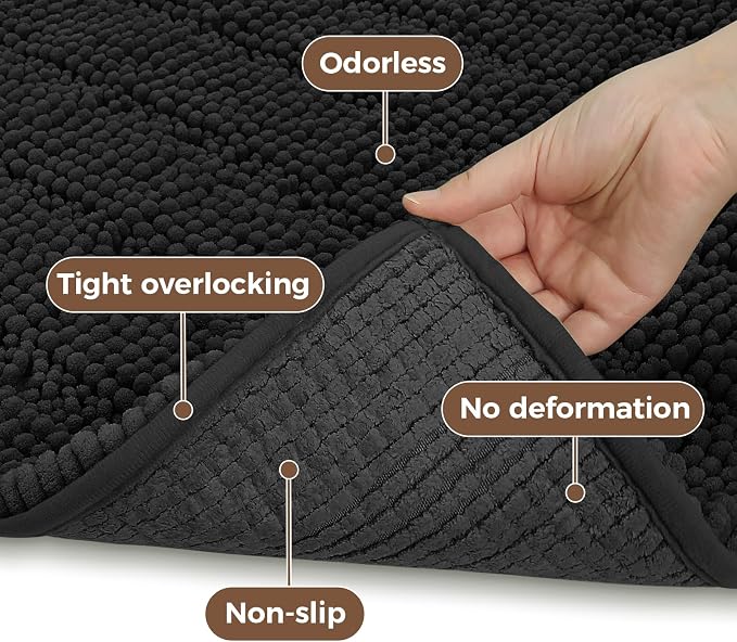 Bcoimo Bath Rug Mat Set, 2 Piece High Absorbent Chenille Bathroom Mat Black | Non Slip with Rubber Backing Bathroom Rugs set; Machine Washable;Extra Soft Bath Rug;High Absorbent、Quick Dry Microfiber mat