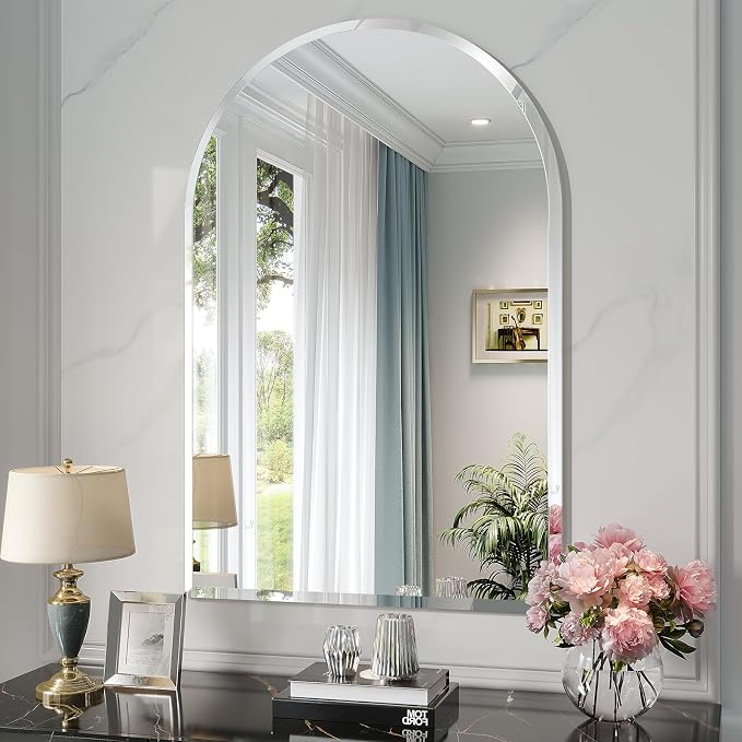 Frameless Bathroom Mirror, 24" x 36" Arched Vanity Mirror for wall Beveled, Arch Wall Mounted Bathroom Mirror for Over Sink, Hallway, Entryways