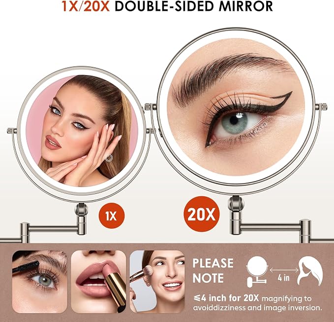 ZLOKLA 9" Wall Mounted Lighted Makeup Mirror,4000mAh Rechargeable Double Sided 1X/20X Magnifying Mirror with Light,Touch Dimmable,Extended Arm 360 Rotation Wall Mounted Makeup Mirror 3 Color Lights-N