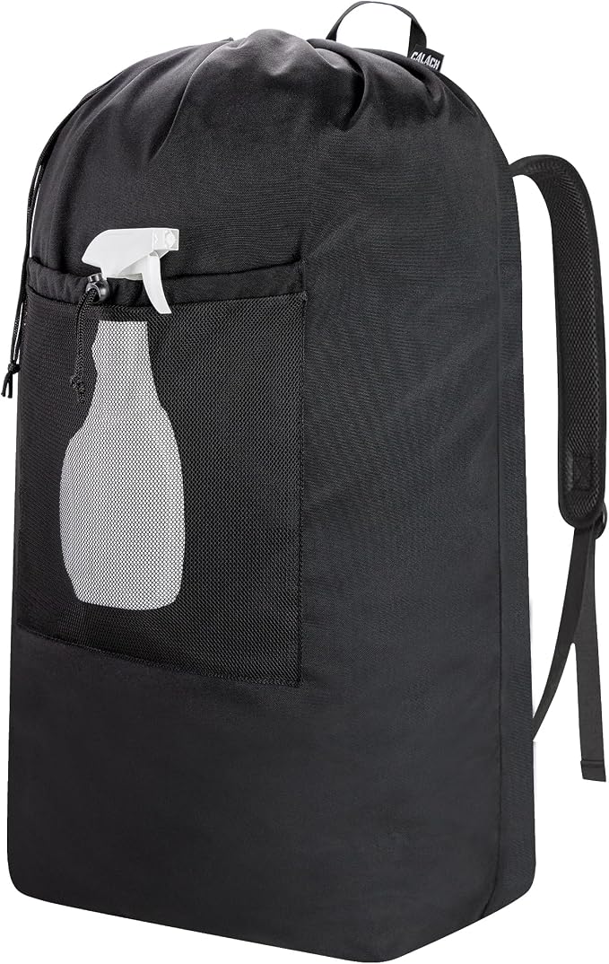 Laundry Bag Backpack, Soft Padded Straps & Drawstring, Black, XX-Large | Heavy Duty Washable Dirty Cloth Hamper Bag, Large Front Pocket for College, Travel, Laundromat, Camping