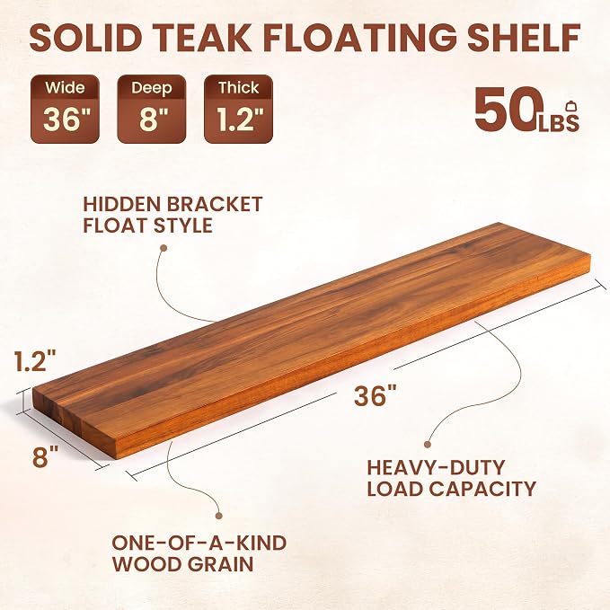 36 Inch Teak Floating Shelves, Set of 2 | Weather Resistant, Heavy Duty Hidden Brackets, Natural Wood Grain, Wall Storage For Bathroom, Kitchen, Living Room & Outdoor