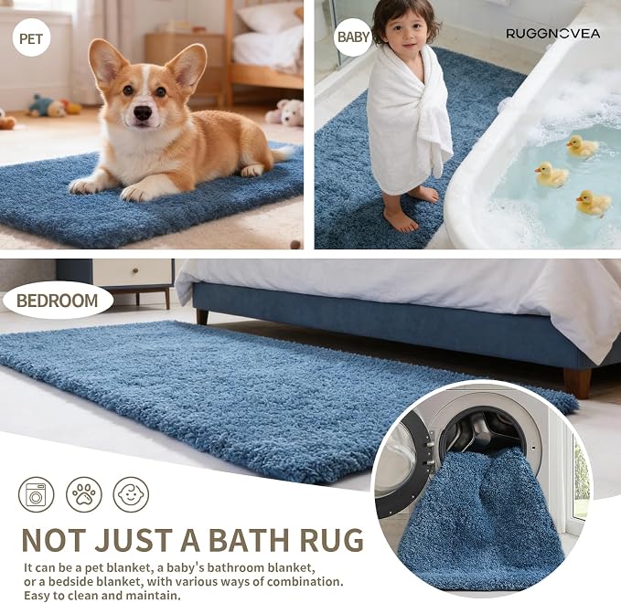 Bathroom Rugs Non Slip Washable 59x24, Ultra Thick Soft Microfiber Absorbent Bath Mats, High Density Foam Latex Non Slip Backing Bath Rugs, Fluffy Floor Carpet for Tub&Shower, Blue