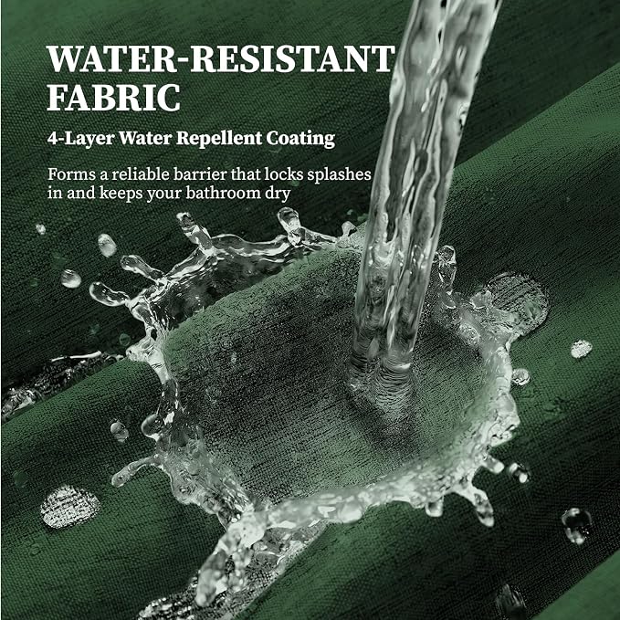 72x78 Linen Textured Waterproof Fabric Shower Curtain, Emerald Green | Long Size, 230GSM Polyester, Heavy Duty Cloth, Weighted Hem, 12 Plastic Hooks, Modern Luxury Hotel Style, Machine Washable
