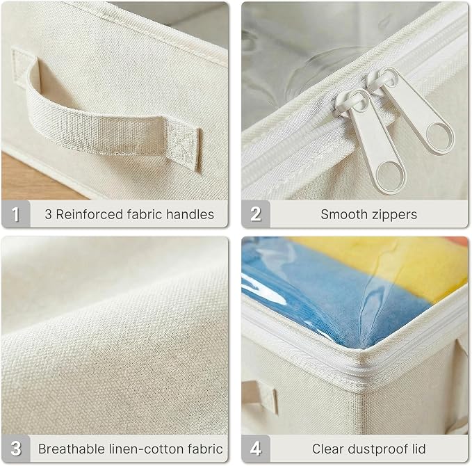 2-Pack Under Bed Storage Containers, 6 Inches Tall Clothes Storage, Beige | High Side Collapsible Underbed Organizer Bin with Sturdy Sidewalls/Bottom, Cotton Linen Bins, For Seasonal Clothes & Bedding