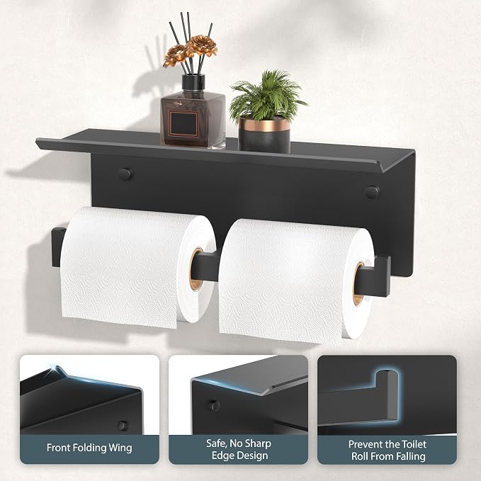 FORIOUS Toilet Paper Holder with Shelf, Commercial Toilet Paper Dispenser | Matte Black 2 Pack | SUS304 Stainless Steel Wall Mount Double Bathroom Tissue Roll Holder for Hotel, Apartments, etc
