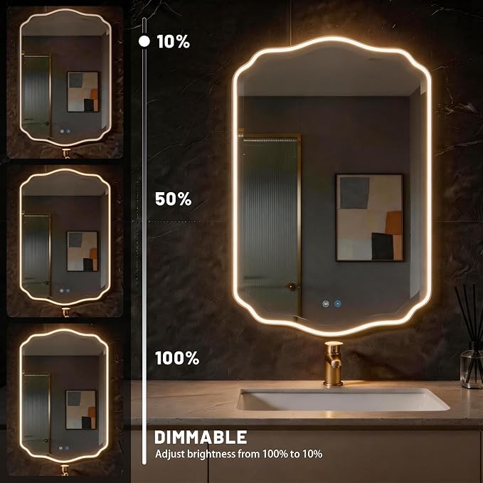 POZINO 36"x24" Scalloped LED Bathroom Mirror with Lights, Black Metal Frame | Beveled Edge, 3 Color Dimmable, Anti-Fog, Memory Function, IP65 Waterproof, Smart Bathroom Vanity Mirror with Front Lights