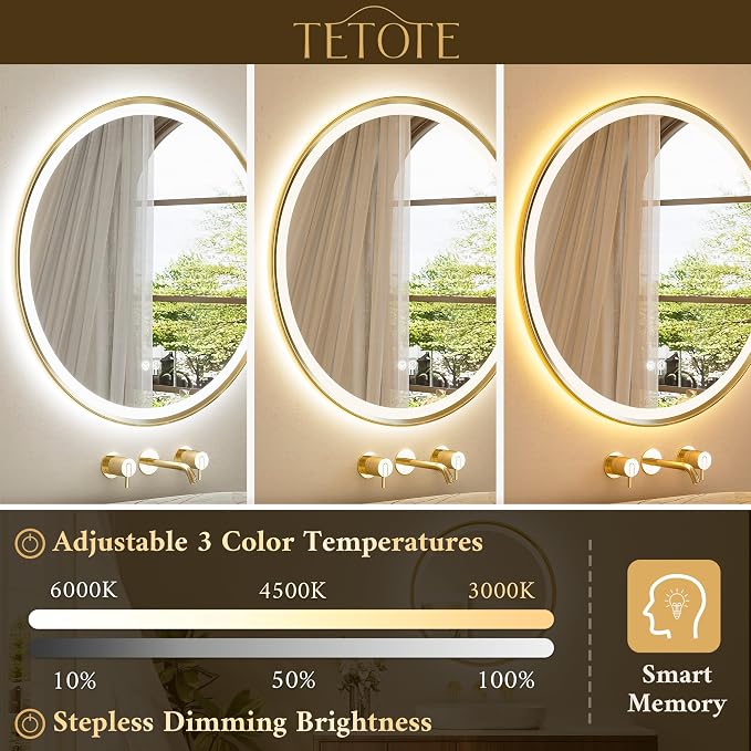 Gold Round Led Mirror with Lights 24 Inch Metal Framed Round Circle Lighted Bathroom Vanity Mirror Wall Mounted, Front and Backlit 3 Color Stepless Dimmable Anti Fog, Shatterproof, CRI 90+
