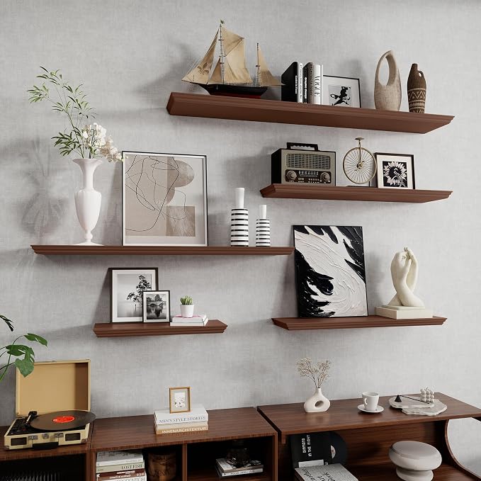 Fun Memories Floating Shelves 48 Inch Long, 9.3 Inch Deep Classic Crown Molding Floating Shelves for Wall, Rustic Wooden Shelves for Wall Decor Bathroom, Kitchen, Office, (Walnut, 1Pack)