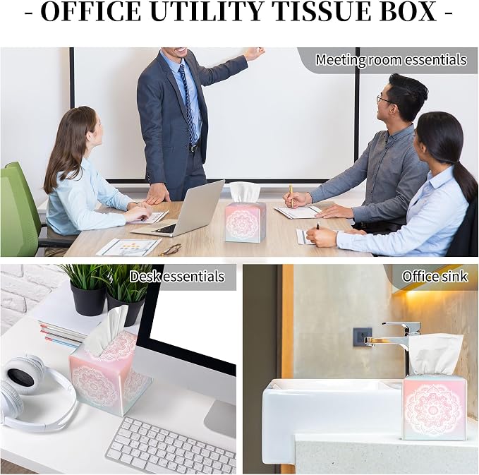 Pink Boho Mandala Flower Tissue Box Cover Square,Abstract Mandala Floral Tissue Box Holder Waterproof Leather Facial Paper Organizer Dispenser for Bathroom Home Car Nightstand Vanity Desk