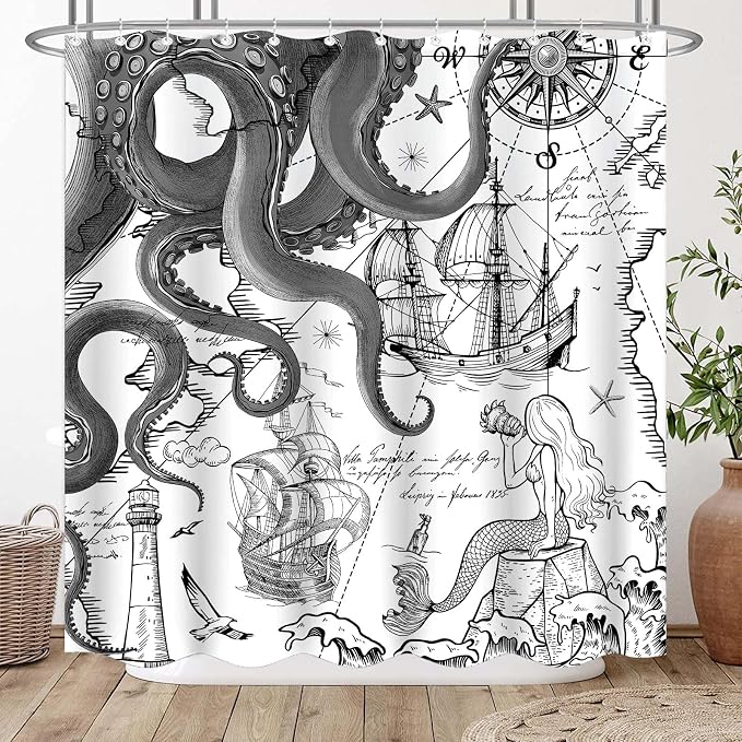 Fungarth Black Gray Nautical Octopus Shower Curtain Grey Mermaid Funny Ocean Kraken Shower Curtains for Bathroom Cool Anchor Coastal Map Waterproof Fabric Bath Curtain with Hooks (Gray, 72” x 72”)