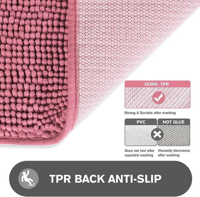 Bathroom Rugs Sets 2 Piece – Absorbent and Washable Bath Mat, Non-Slip, Thick Soft Chenille Bath Rugs for Bathroom Floor, Shower, Sink(17" x 24"+17" x 47", Dusty Rose)