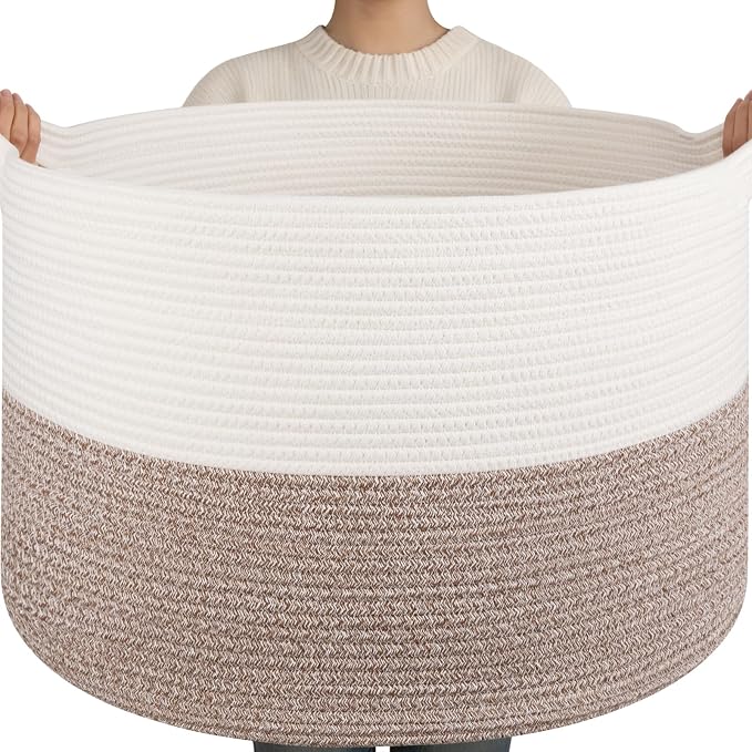 OIAHOMY 115L Extra Large Blanket Basket for Living Room, 23.6" x 15.4" Woven Cotton Rope Laundry Basket for Organizing Pillows, Decorative Stuffed Animal Toy Storage for Nursery, White and Linen Brown