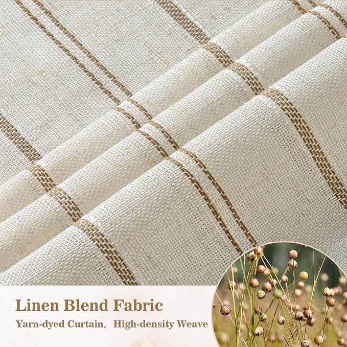 Yinhua Farmhouse Linen Shower Curtain with Ruffle, Vintage Striped Long Shower Curtains Set for Bathroom, Tan Waterproof Bath Curtain with 12 Metal Hooks, Heavy Duty Washable Cloth, 72" W x 84" L