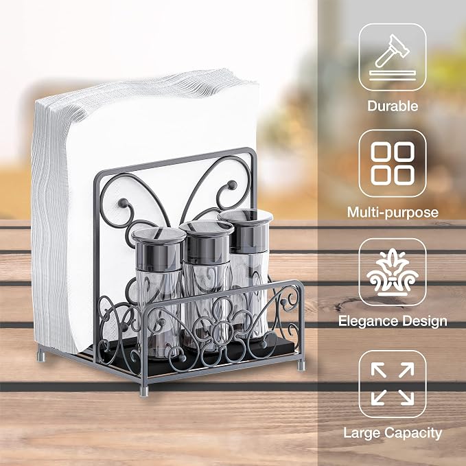 Napkin Holder with Salt and Pepper Caddy, Metal Table Dispenser | Dinner Napkins, Salt, Pepper & Table Decor
