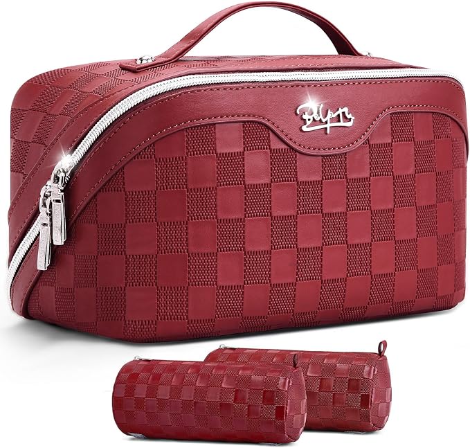 BOYATU Travel Makeup Bag Organizer: 180°Open-Flat 3 Pcs Make up Bags Set | Large Capacity Holds 10–20 Full-Size Bottles for 3–15 Day Trips Travel Essentials - Cosmetic Toiletry Case Gift Women(Red)