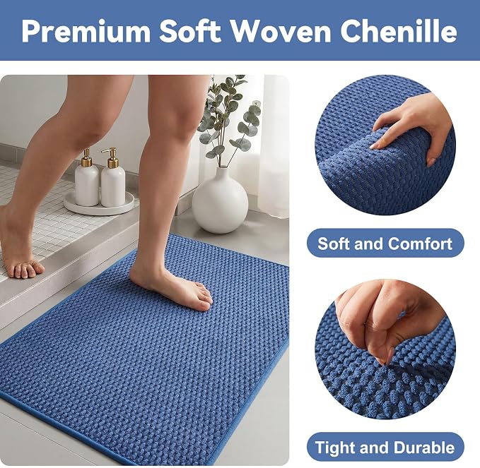 Triohero Bathroom Rugs Non Slip Washable, Super Absorbent Thin Bath Mat Quick Dry Low Pile Bathroom Rug, Denim Blue 24"x47"