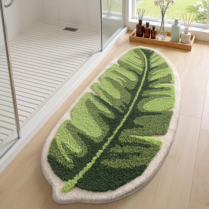 LUMI Cute Bathroom Rug Green Leaf, Absorbent Non Slip Bath Mat, 24"x48" | Palm Leaf Plant, Soft Plush Microfiber, Quick Dry, Washable for Shower Floor, Bathroom, Sink Bathtub, Bedroom, Kids Room