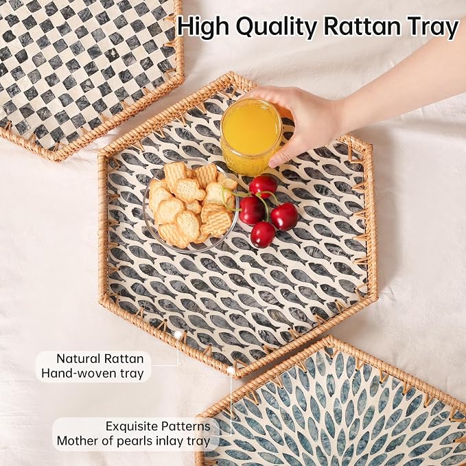 Hexagon Rattan Tray with Mother of Pearl Inlay, Rattan Serving Tray for Coffee, Bread, Fruits, Snacks, Decorative Wicker Tray for Table Decor, Home Decor (Black Fish, 14.5"×12.8")