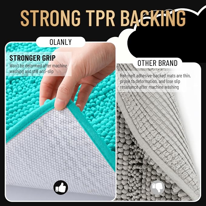 OLANLY Thick Bathroom Rugs 30x20, Soft Chenille Striped Bath Rugs, Teal | Rubber Backing, Machine Wash, Extra Absorbent Bath Mats for Bathroom Floor, Tub and Shower, Home Decor Accessories