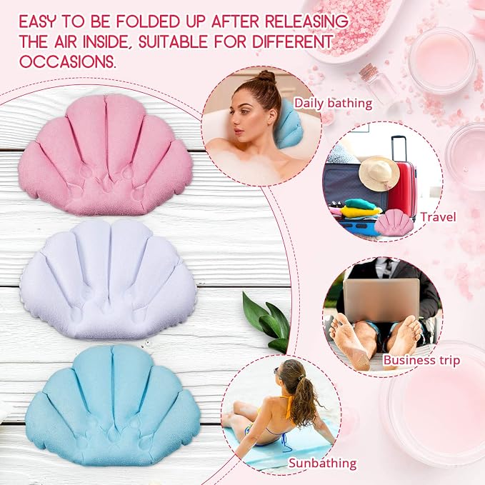 3 Pieces Inflatable Bath Pillow with Suction Cups, Terry Cloth Covered Shell Shape Bathtub Spa Pillow Comfortable Soft Cushion, Neck Support(Pink, Blue, White)