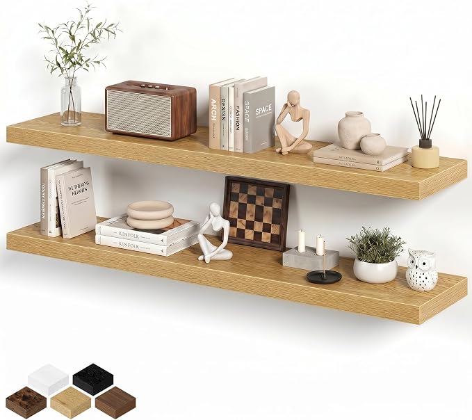 Fun Memories 48 Inch Floating Shelves for Wall 8 Inch Deep Oak Shelves Set of 2, Wall Mounted Rustic Wood Long Floating Shelf, Large Display & Storage Shelf with Invisible Brackets
