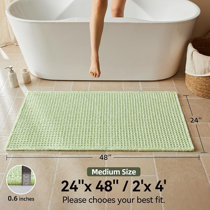 Triohero Waffle Bath Mat, Boho Bathroom Rugs Non Slip Washable, Ultra Soft Super Absorbent Quick Dry Farmhouse Bathroom Decor, 24" x 48", Pale Green