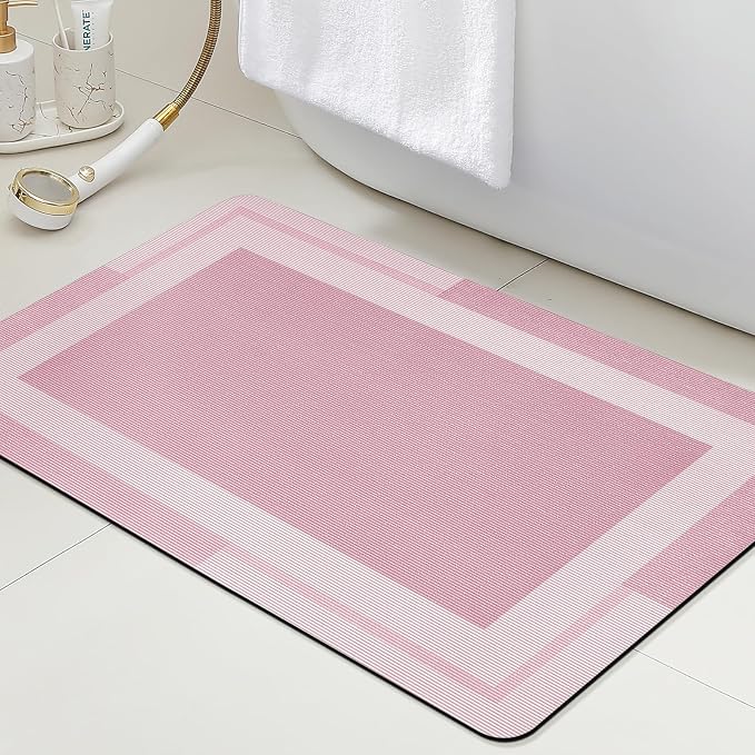 Non Slip Bath Mat, Thin Bathroom Rugs Fit Under Door, Quick Dry Bath Mats, Machine Washable Bath Rugs for Bathroom, Bathtub & Kitchen, Bathtub & Kitchen, Pink/Bordered/32 x20