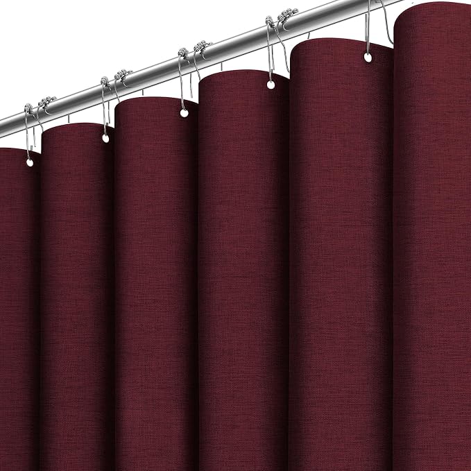 72x78 Linen Textured Waterproof Fabric Shower Curtain Set, Burgundy | Long Size, 230GSM Polyester, Heavy Duty Cloth, Weighted Hem, 12 Plastic Hooks, Modern Luxury Hotel Style, Machine Washable