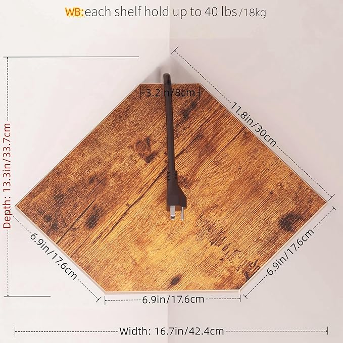 JJL Corner Shelf, 12 Inch Set of 4 Floating Shelves for Wall with Wire Hole for Security Camera and Radios Storage, 13.3 Inch Deep Wall Mounted Shelves for Living Room Corner Decoration, Rust Brown
