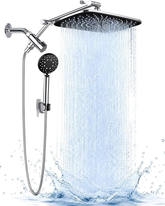 Veken 11.8" High Pressure Shower Head with Handheld, Metal Core Fittings | Handheld Shower Heads with Multi Spray Modes, Rainfall Combo, Detachable Dual Shower, Bathroom Decor, Durable, Chrome Silver