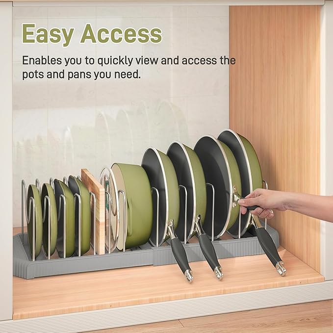 Expandable Pan Organizers Inside Cabinet with 12 Dividers Grey | Extends 12.9-21.9", Holds cookie sheets, cutting boards, pot lids and pans, iron dividers, plastic base, under cabinet rack