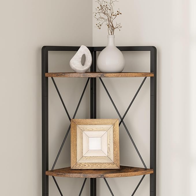5 Tier Corner Shelf Stand, 64" H Tall Corner Bookshelf, Rustic Brown | Industrial Metal Corner Shelf for Living Room Decor, Plant Stand Display Shelf for Bedroom, Bathroom, Small Spaces