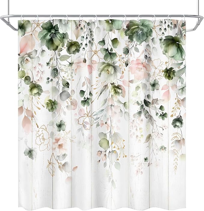 Rustic Green Pink Floral Eucalyptus Leaves Bathroom Shower Curtain Set | 72"W x 72"L Flower Pastel style, clear shower print, fast-dry fabric and hooks for a simple bath update.
