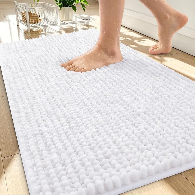OLANLY Thick Chenille Bathroom Rugs 34x21, Soft Absorbent Bath Mat, White | Bath Rugs, Rubber Backing, Machine Wash Dry, Bath Mats for Bathroom Floor, Tub and Shower, Home Decor Accessories
