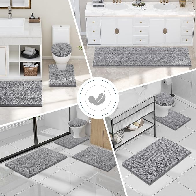 Smiry Bathroom Rugs 32X20, Luxury Chenille Extra Soft Absorbent Bath Mat | Grey, Machine Washable Non-Slip Plush Bath Mats for Bathroom, Tub, Shower, and Floor, Home Decor