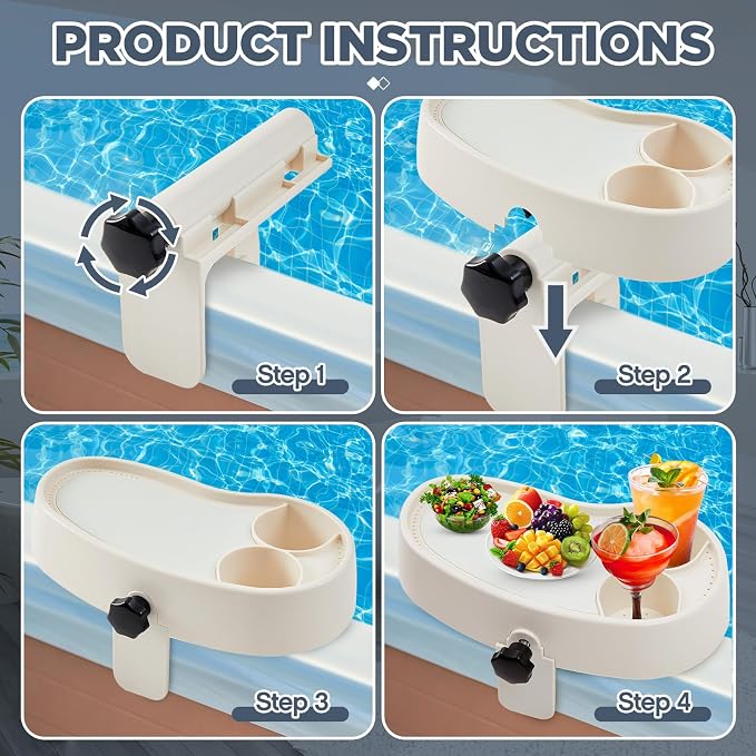 2 Pcs Hot Tub Table Tray, Adjustable Aboveground Bathtub Tray with 2 Cup Holder, Between 2'' to 7.5'' Nonslip Hot Tub Accessories Shelf Drinks Snacks Phone Holder for Spa Bathtub (Ivory White)