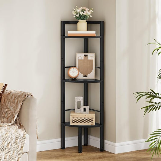 Small Corner Shelf Stand 3 Tier 39.5" with Metal Frame, Black | Industrial Narrow Corner Shelf, Multipurpose Tall Corner Bookshelf, Small Corner Table Bedroom, Living Room, Office, Kitchen