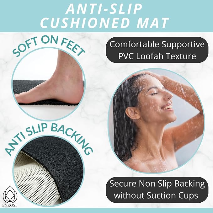 Soft Shower Mat Non Slip - PVC Loofah Inside or Outside Showers, Bathtubs, Bathrooms, and Wet Areas - Safe for Textured Tiled and Smooth Floor - No Suction Cups Secure Anti Slip (Black 24 x 47)