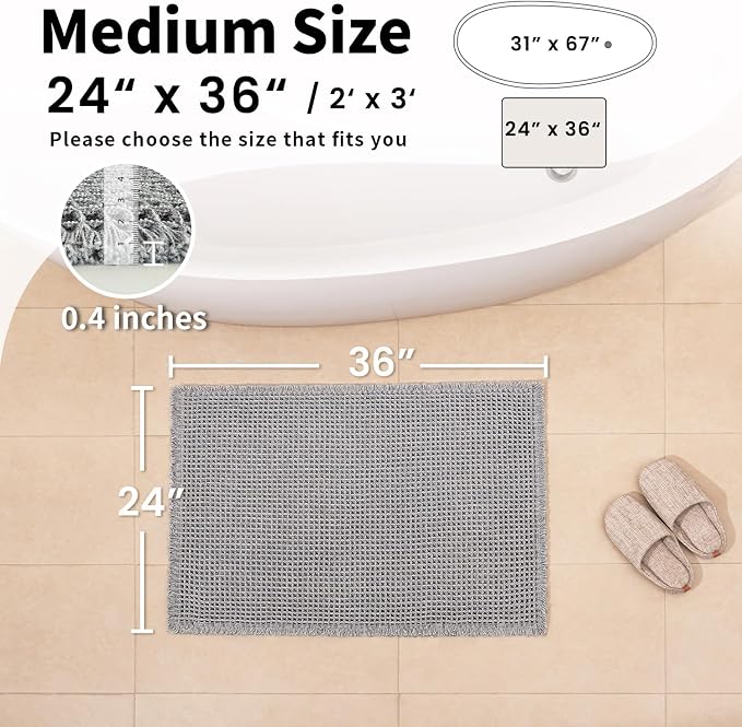 Waffle Bath Mat, Boho Bathroom Rugs Non Slip Washable, 24" x 36" | Super Absorbent Quick Dry Bath Mat, Boho Bathroom Mats, Soft Waffle Weave Farmhouse Bathroom Decor, Light Grey