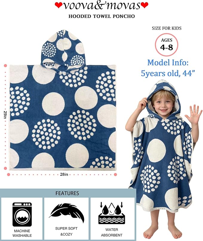 VOOVA & MOVAS Kids Hooded Poncho Towel, 4-8 Years, 100% Cotton, Soft, Blue Dot