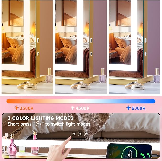 Vanity Mirror with Lights, 28" x 20" LED Makeup Mirror with 10X Magnification, Dimmable 3 Modes, Memory Function, Smart Touch, USB Charging Port, Lighted Makeup Mirror Square Glod