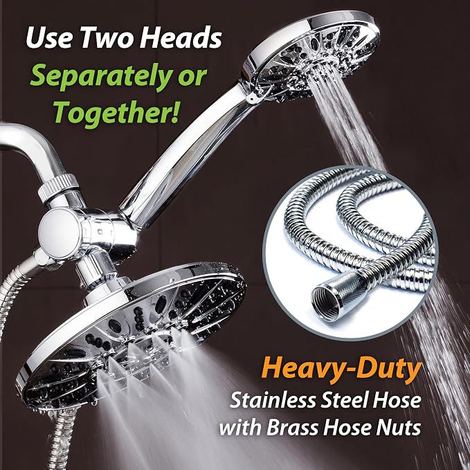 AquaDance 7" Premium High Pressure 3-way Rain & Handheld Shower Head Combo | Enjoy Dual 6-Setting Luxury Shower Heads Separately or Together for the Best of Both Worlds! Stainless Steel Hose - Chrome