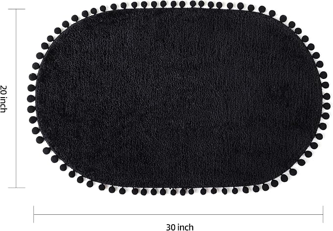 YIRDDEO Oval Rug for Bathroom, Cute Boho Bath Mat with Pom, Black | Soft Plush, Absorbent, Quick Dry, Machine Washable, Non Slip Bath Mat for Bathroom Shower Floor Home Decor