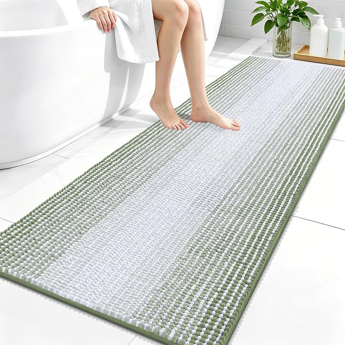 OLANLY Bathroom Runner Rugs 59x24, Chenille Striped Bath Rugs, Sage Green | Extra Soft Absorbent, Rubber Backing, Machine Wash Dry, Bath Mats for Bathroom Floor, Tub and Shower, Home Decor Accessories