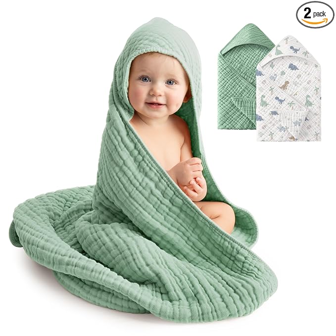 Baby Bath Towels, 100% Muslin Cotton Hooded Baby Towels for Newborn, 2 Pack Baby Towels with Hood for Infant Toddler and Kids, Large 32x32Inch Unisex Bath Essentials, Soft and Absorbent